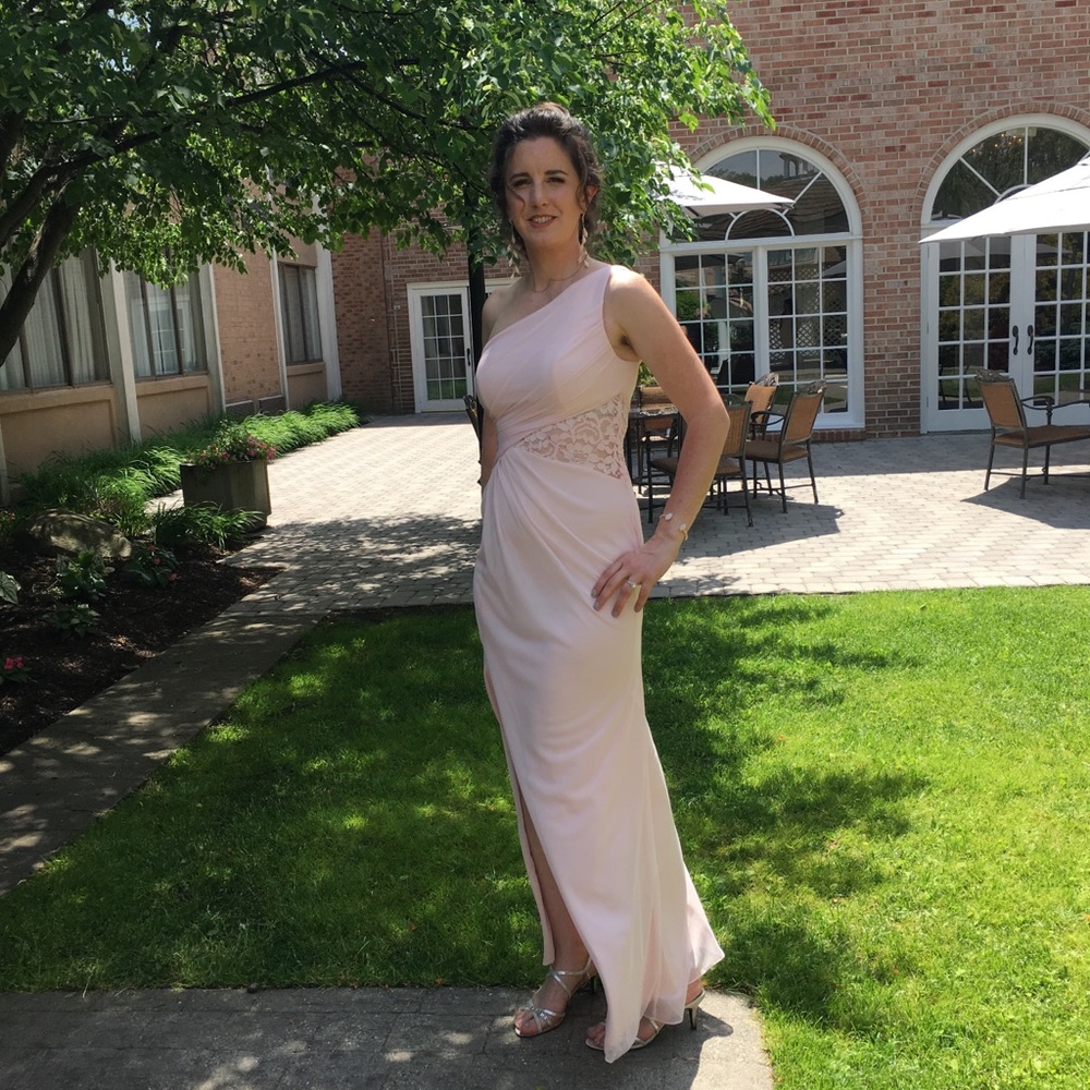 David’s Bridal One Shoulder Mesh Dress with lace